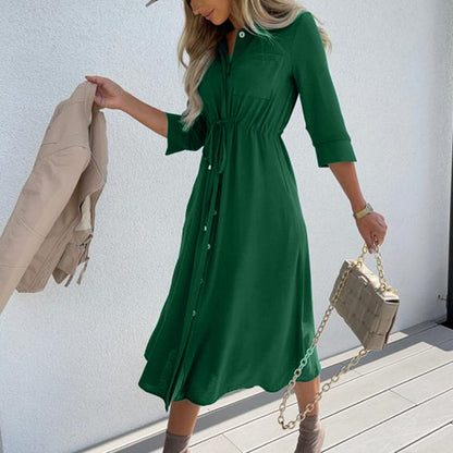 Amy Fashion - Fashion Pure Color Elegant Button Lace Up Midi Dress