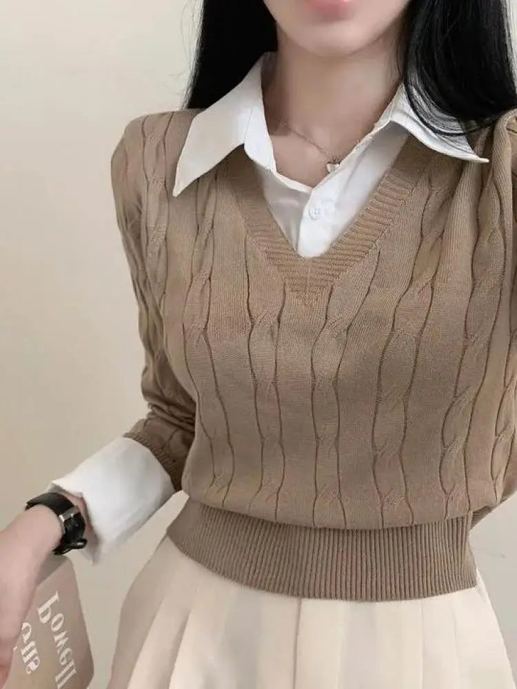 Fashion Winter Knitted Women Casual V-Neck Pullover All-match Loose Sweater