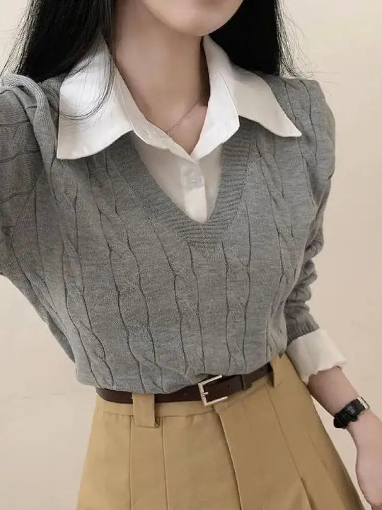 Fashion Winter Knitted Women Casual V-Neck Pullover All-match Loose Sweater