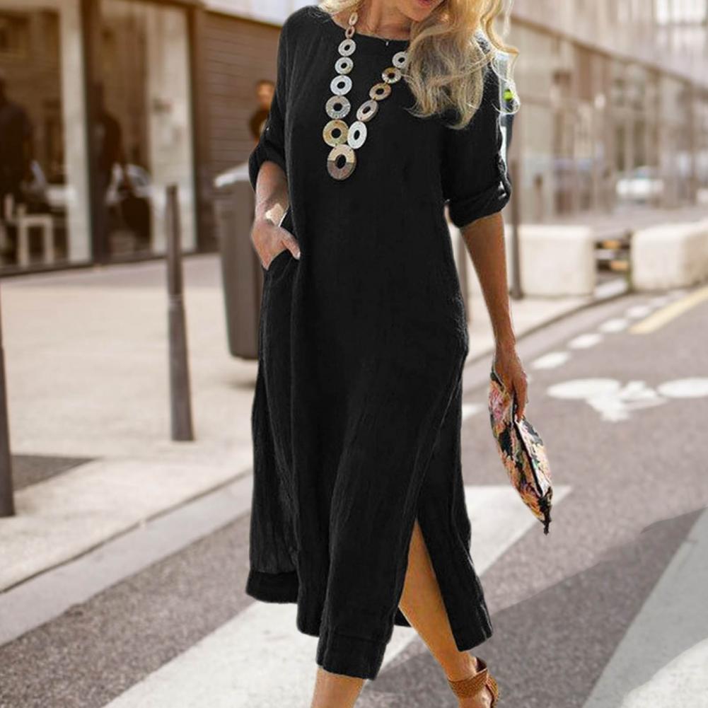 Amy Fashion - Sleeve Button O Neck Slit Hem Long Dress