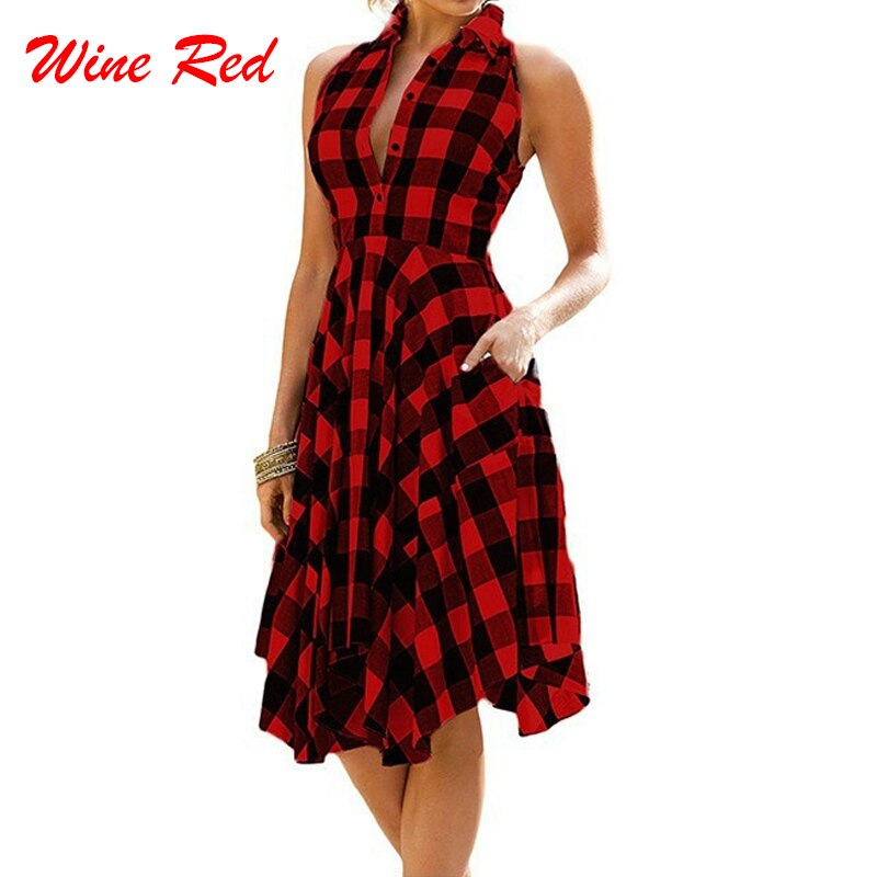 Amy Fashion - Plaid Pleated Office Casual Long Beach Party Dress