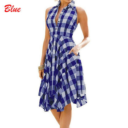 Amy Fashion - Plaid Pleated Office Casual Long Beach Party Dress