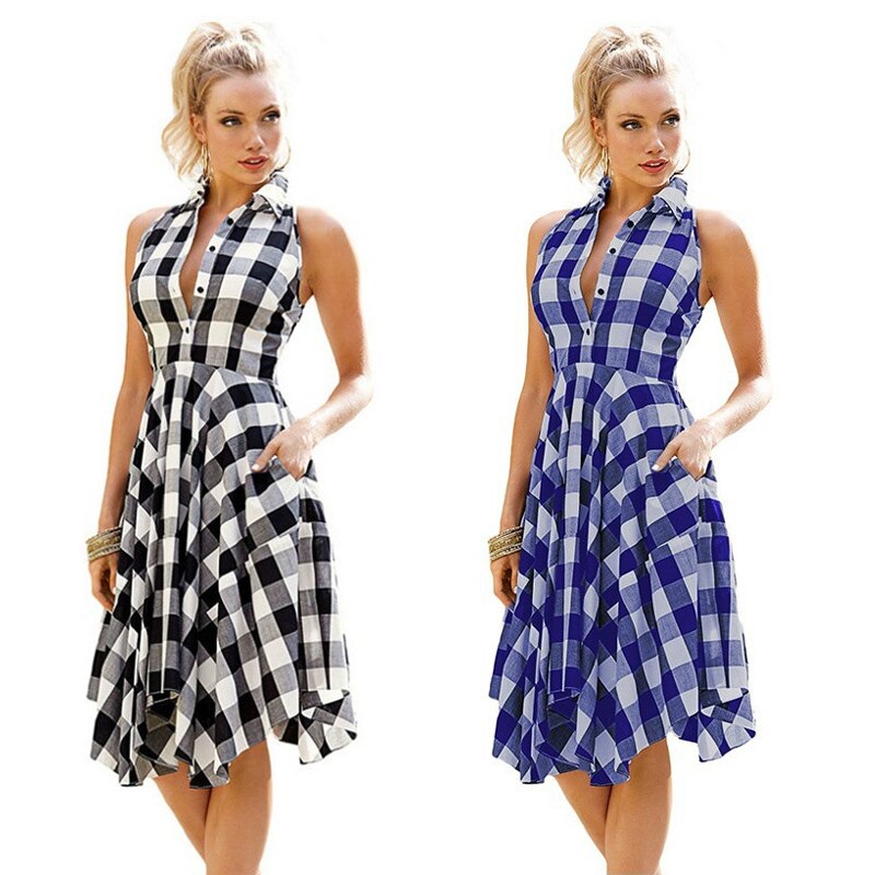 Amy Fashion - Plaid Pleated Office Casual Long Beach Party Dress