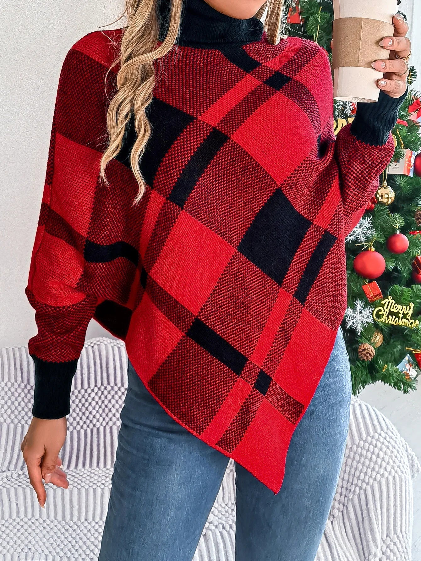 Elegant Casual Color Contrasting High Collar Long Sleeve Christmas Sweater