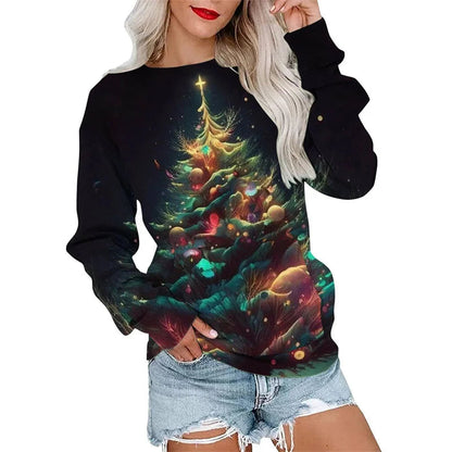 Casual Loose Round Neck Christmas Tree Hoodie for Autumn/Winter Outdoor Wear