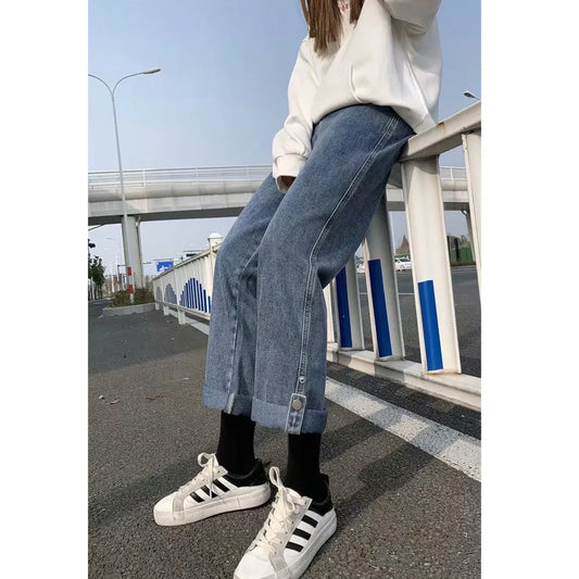 Amy Fashion - Women Pant Woman High Waist Denim Pants Wide Leg Denim Clothing Blue Vintage Quality Fashion Straight Jean