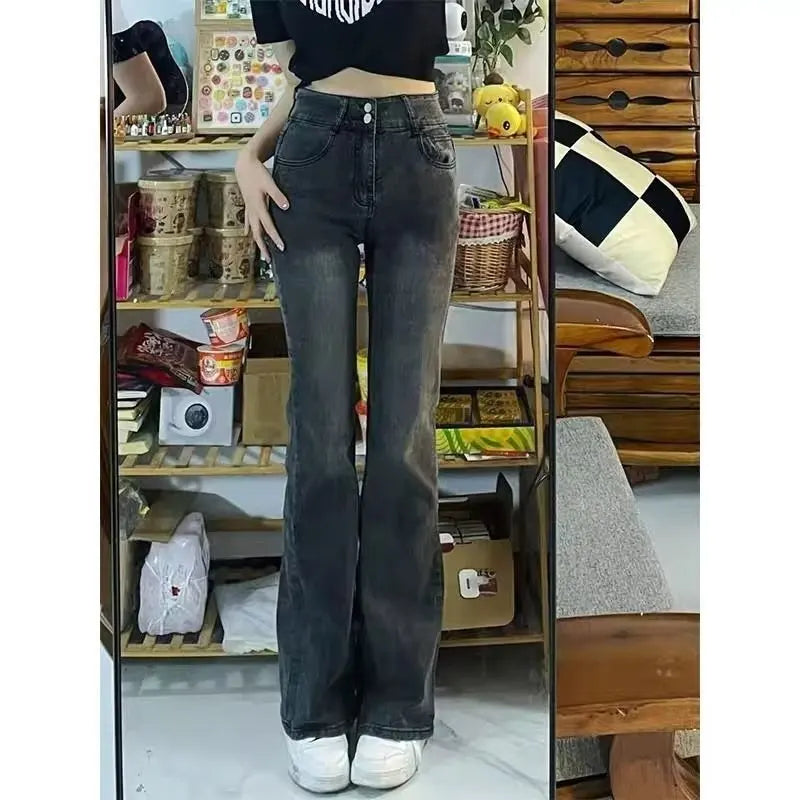 Amy Fashion - European And American Retro Brown High-waisted Straight-leg Loose And Thin Wide-leg Autumn Jean