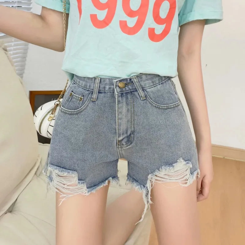 Amy Fashion - New Summer Casual Female Loose Fit High Waist Button Blue Denim Jean