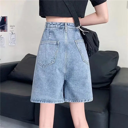 Amy Fashion - Streetwear Summer Half High-Waisted Belted Loose Female Short Fashion Jean