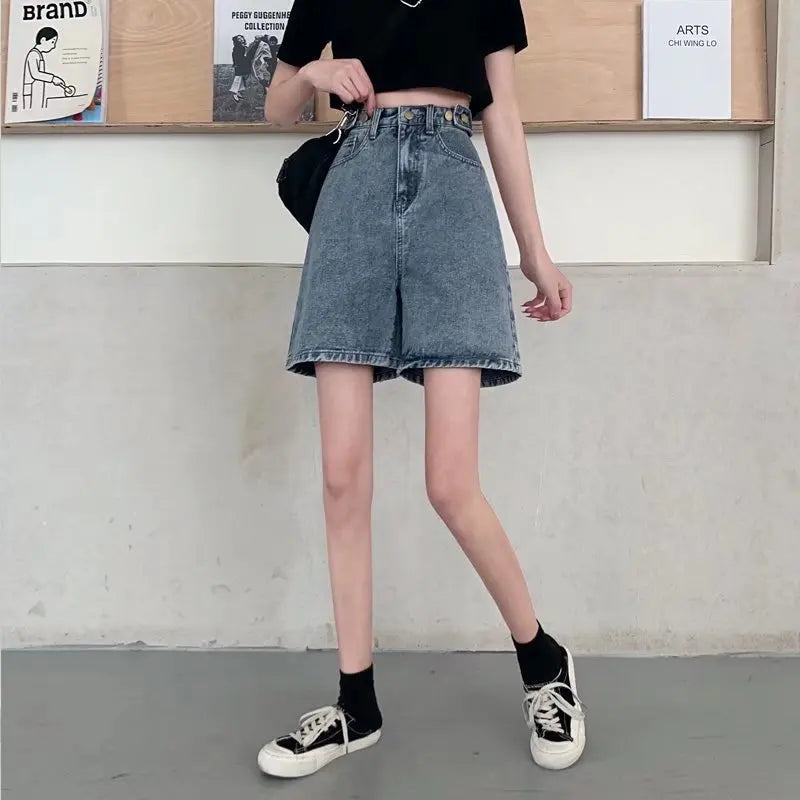 Amy Fashion - Streetwear Summer Half High-Waisted Belted Loose Female Short Fashion Jean