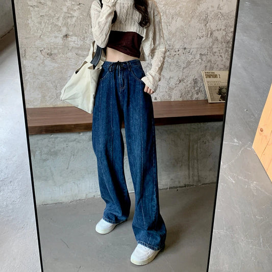 Amy Fashion - Women Pant Woman High Waist Denim Pants Wide Leg Denim Clothing Blue Vintage Quality Fashion Straight Jean