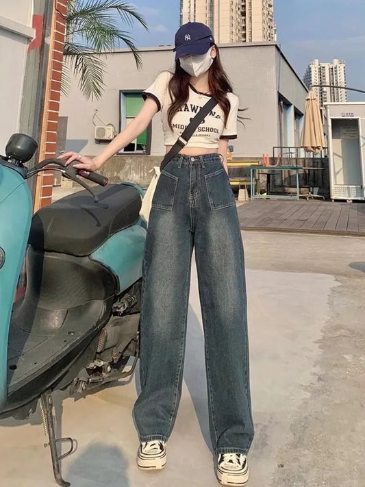 Amy Fashion - Summer Popular Light-Colored New Trendy Wide-Leg Japanese Fashion Jean