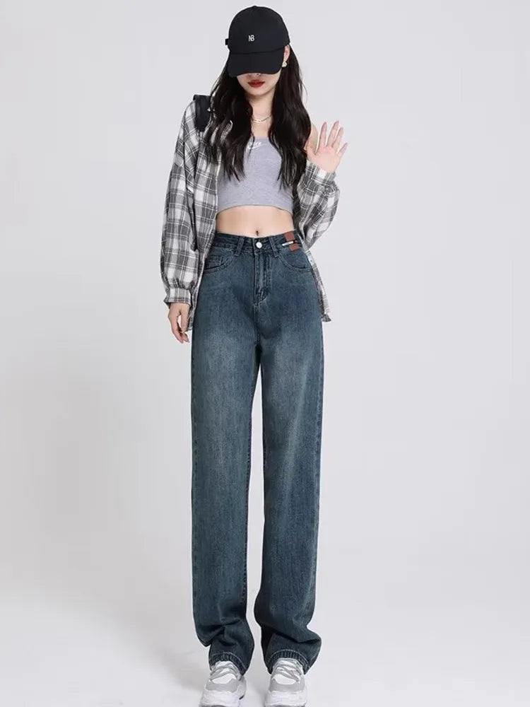 Amy Fashion - Spring and Autumn New Korean Version High-Waisted Slimming Retro Straight Jean