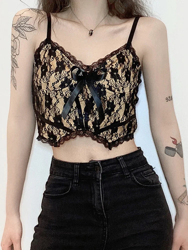 Neck V Lace Girl Double Dark Academia Top E Sexy Aesthetic Crop Layer