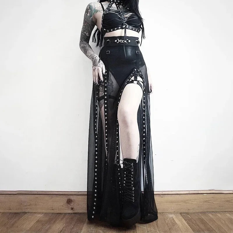 Dark Side Up Aesthetical Mesh Slit Goth Lace Perspective Summer Skirt