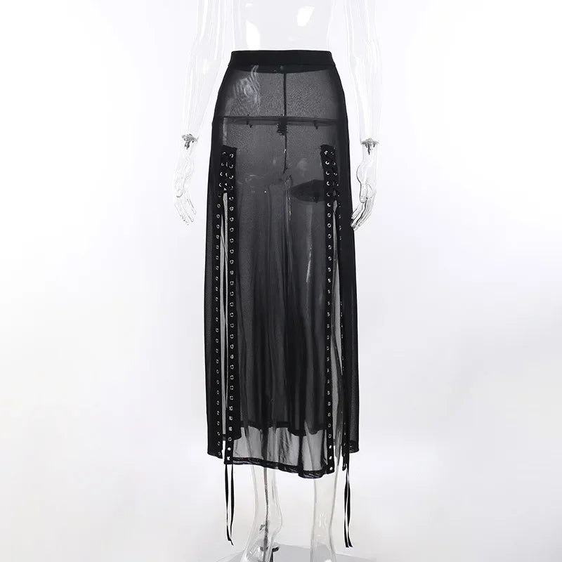 Dark Side Up Aesthetical Mesh Slit Goth Lace Perspective Summer Skirt