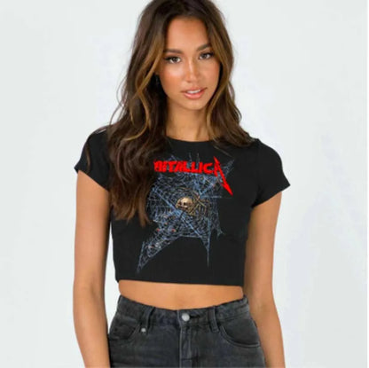 Gothic Skeleton Cobweb Print Grunge Graphic Short Sleeve Harajuku Punk Basic Sexy Crop Top