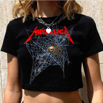 Gothic Skeleton Cobweb Print Grunge Graphic Short Sleeve Harajuku Punk Basic Sexy Crop Top