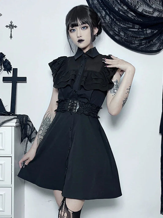 Streetwear Gothic Black Patchwork Slim E-Girl Mesh Sexy Party Harajuku Grunge Mall A-Line Dress Aesthetic Dress