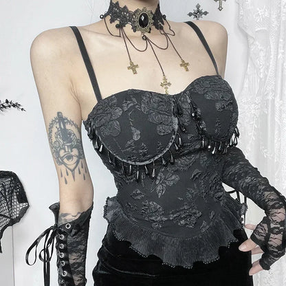 Jacquard Sexy Crop Gothic Pendant Retro Bead Grunge Top Backless