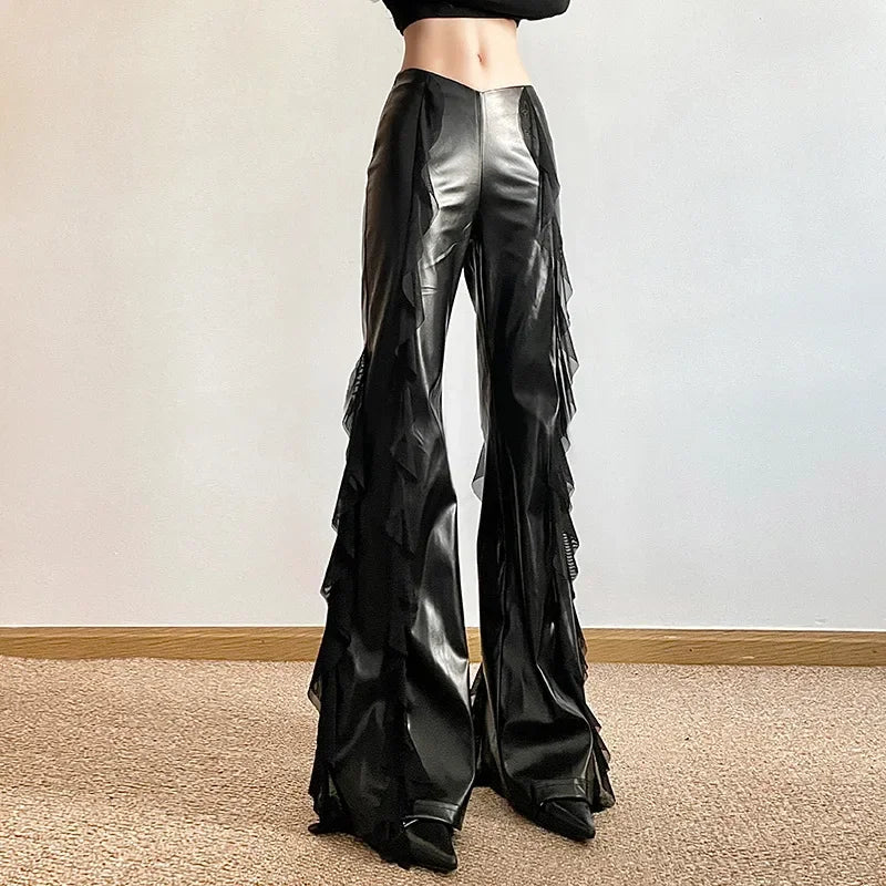 Women Casual Mesh Pants Pants Flare Faux Gothic PU Zip