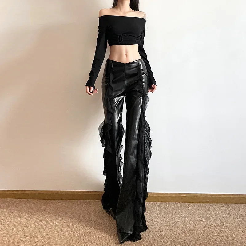 Women Casual Mesh Pants Pants Flare Faux Gothic PU Zip