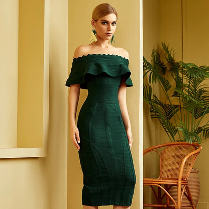 Green Ladies Bandage Dress with Ruffles and Slash Neck, Bodycon Knee-Length Christmas Party Dress