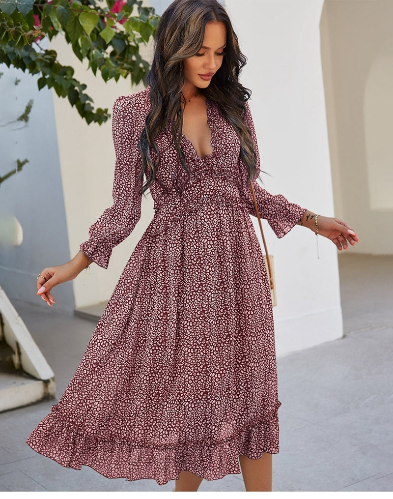 Amy Fashion - Butterfly Sleeve High Waist Casual Print Dresses