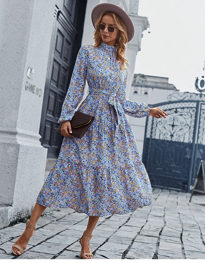 Amy Fashion - Autumn Winter Half High Collar Floral Dress