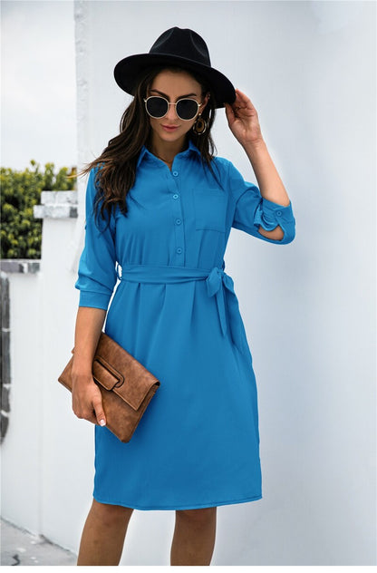 Amy Fashion - Solid Color Button Lapel Sleeve Shirt Dress