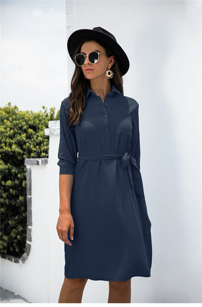 Amy Fashion - Solid Color Button Lapel Sleeve Shirt Dress