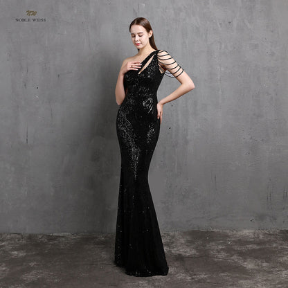 Amy Fashion - One-Shoulder Floor-Length Mermaid Sequined Evening Dress