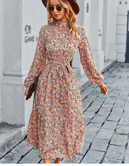 Amy Fashion - Autumn Winter Half High Collar Floral Dress