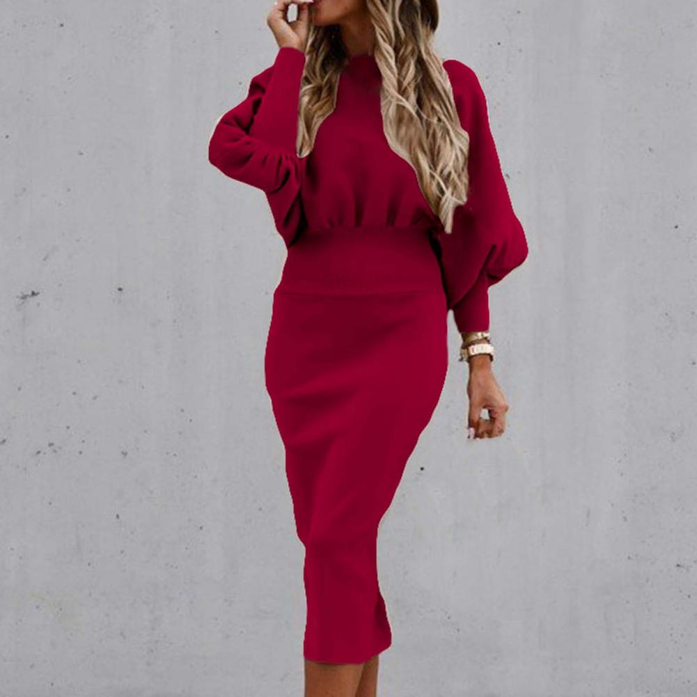 Amy Fashion - Tight High Waist Elegant Long Lantern Sleeve O-Neck Dress