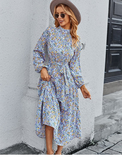 Amy Fashion - Autumn Winter Half High Collar Floral Dress