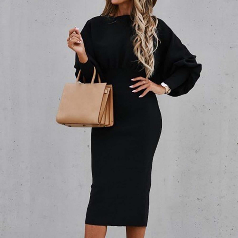 Amy Fashion - Tight High Waist Elegant Long Lantern Sleeve O-Neck Dress