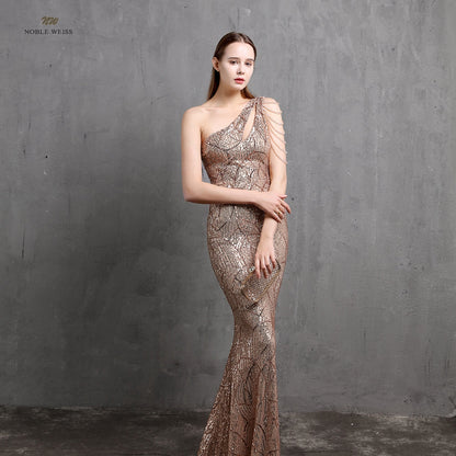 Amy Fashion - One-Shoulder Floor-Length Mermaid Sequined Evening Dress