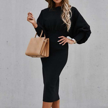 Amy Fashion - Tight High Waist Elegant Long Lantern Sleeve O-Neck Dress