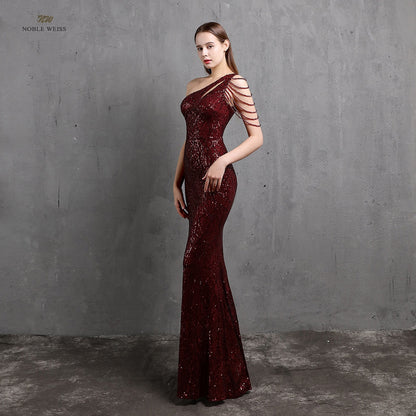 Amy Fashion - One-Shoulder Floor-Length Mermaid Sequined Evening Dress