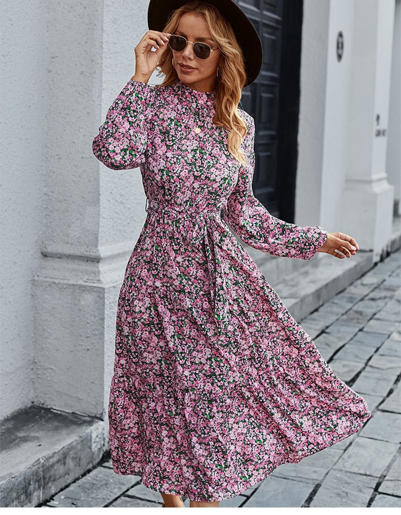 Amy Fashion - Autumn Winter Half High Collar Floral Dress