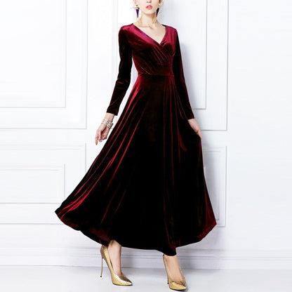 Amy Fashion - V Neck Pleated Velvet Banquet Maxi Dress