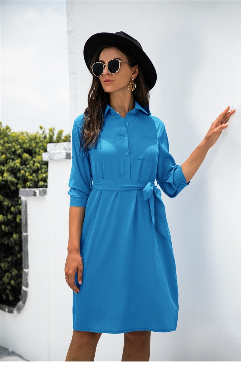 Amy Fashion - Solid Color Button Lapel Sleeve Shirt Dress