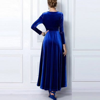 Amy Fashion - V Neck Pleated Velvet Banquet Maxi Dress