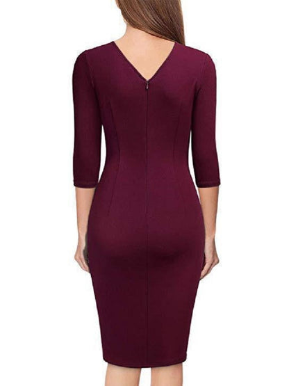 Amy Fashion - Elegant Office Formal Long Sleeves V-tie Belt Slim Dress