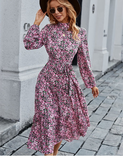 Amy Fashion - Autumn Winter Half High Collar Floral Dress