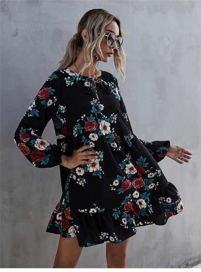 Amy Fashion - Casual O-neck Full Sleeve High Waist Floral Dress