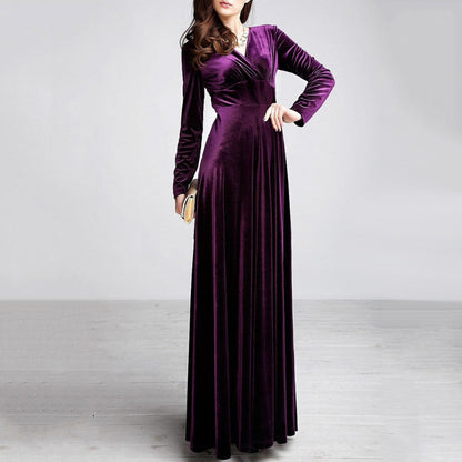 Amy Fashion - V Neck Pleated Velvet Banquet Maxi Dress