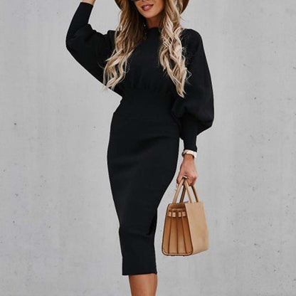 Amy Fashion - Tight High Waist Elegant Long Lantern Sleeve O-Neck Dress