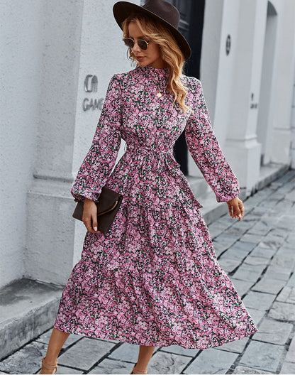 Amy Fashion - Autumn Winter Half High Collar Floral Dress