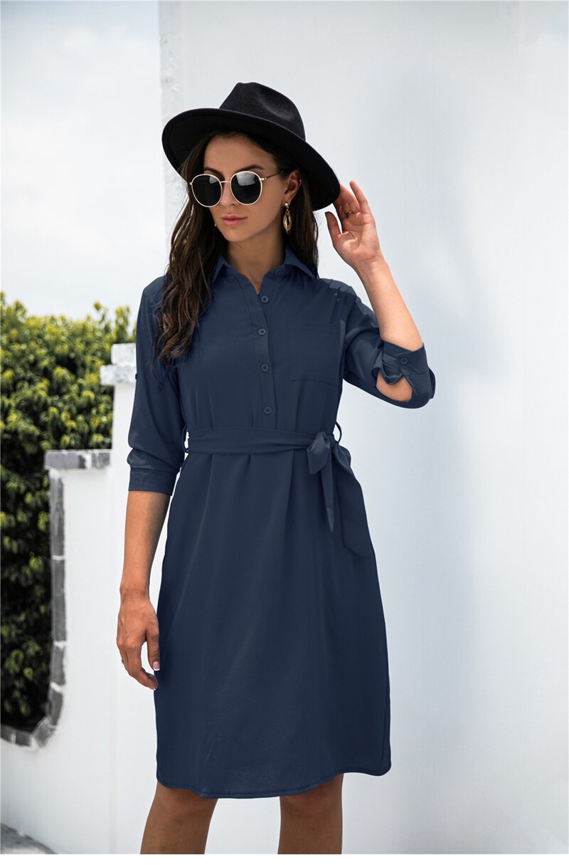 Amy Fashion - Solid Color Button Lapel Sleeve Shirt Dress